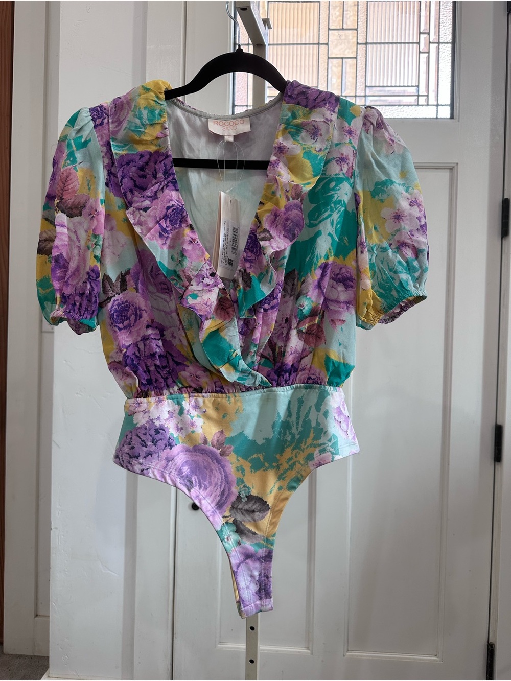 Rococo Sand Floral Ruffle V-Neck Bodysuit in Butter and Lavender